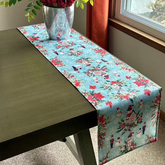Vintage Style Snowman Toy Soldiers Village Christmas Flowers Linen Table Runner - Picture 2 of 7